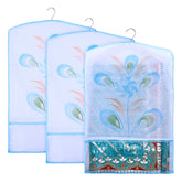Kuber Industries Hanging Saree Cover | Brush Painting Pattern Saree Cover | Non-Woven Saree Covers for Home | Saree Cover with Small Transparent view | Pack of 3 | Sky Blue